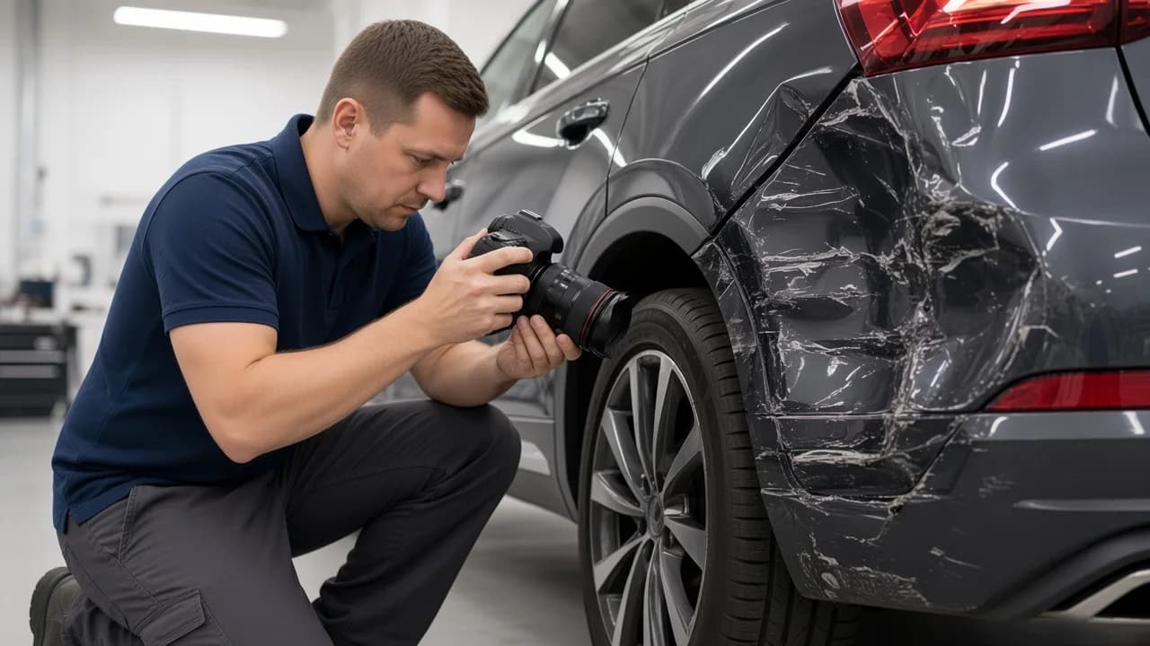 Kfz-Sachverständiger dokumentiert Unfallschaden mit Kamera am Fahrzeug in der Werkstatt