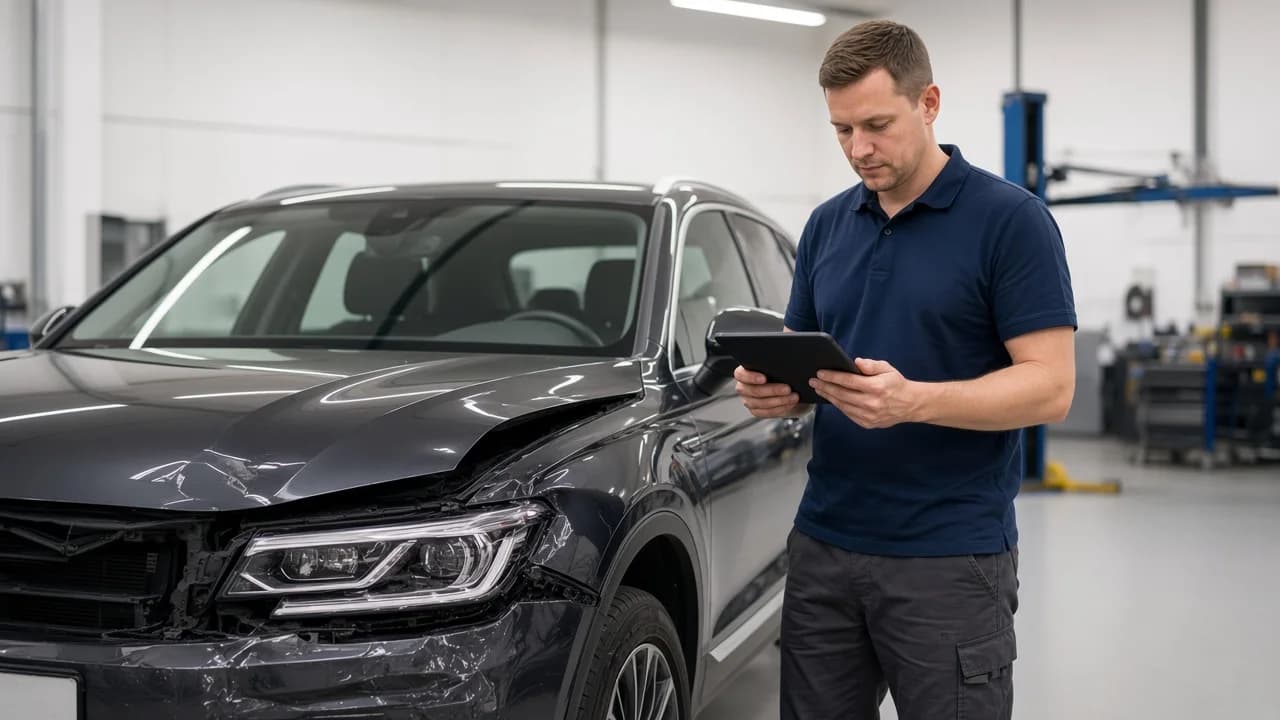 Unabhängiger Kfz-Sachverständiger prüft Gutachtenwerte am Tablet neben dem Fahrzeug